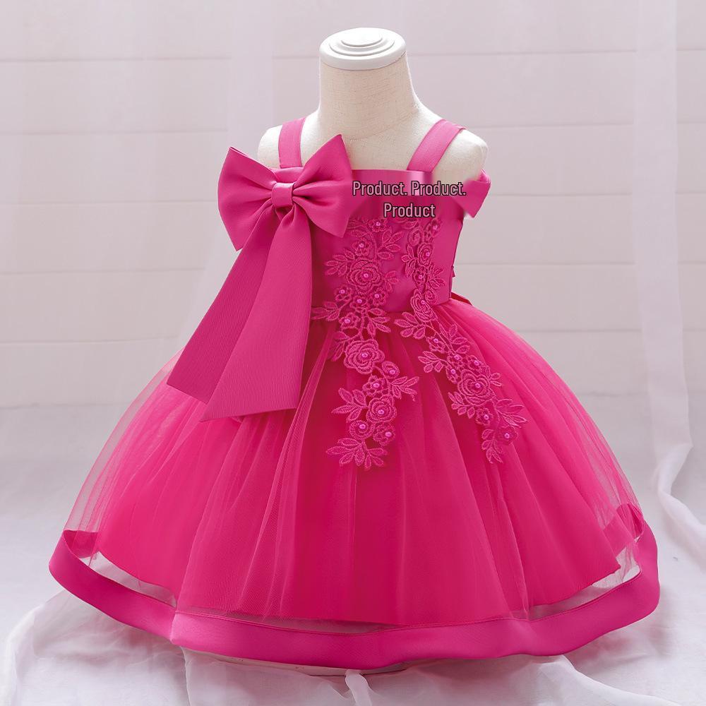 Girls' Off-Shoulder Spaghetti Strap Beaded Flower Princess Wedding Dress