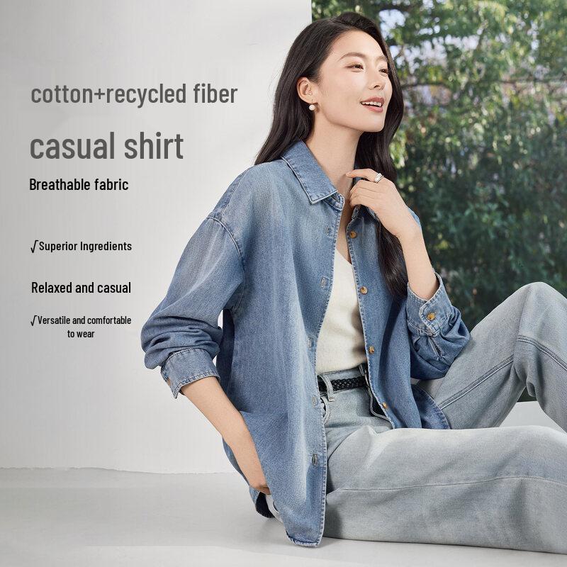 IHIMI Women s Retro Washed Gradient Denim Shirt M
