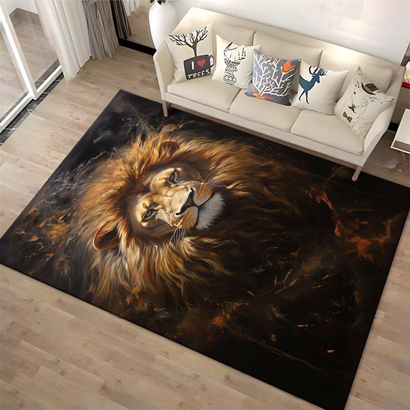 Realistic Lion Portrait Carpet with Fiery Background for Living Room Suitable for use as an anti-slip for living room bedroom sofas