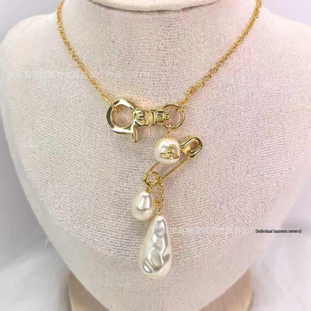 Empress Dowager Baroque Pearl Saturn Brooch Necklace & Earrings Set: Light Luxury Fashion Clavicle Chain