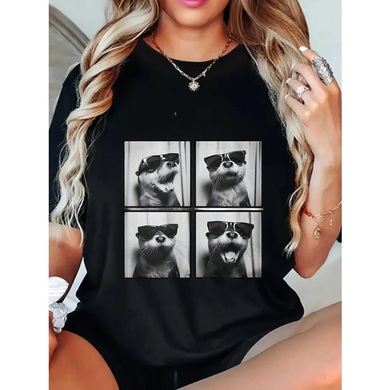 Oversized T-Shirt Black Otter With Sunglasses Print Casual Wear For Women Summer Outfit Streetwear Fashion Trendy Top