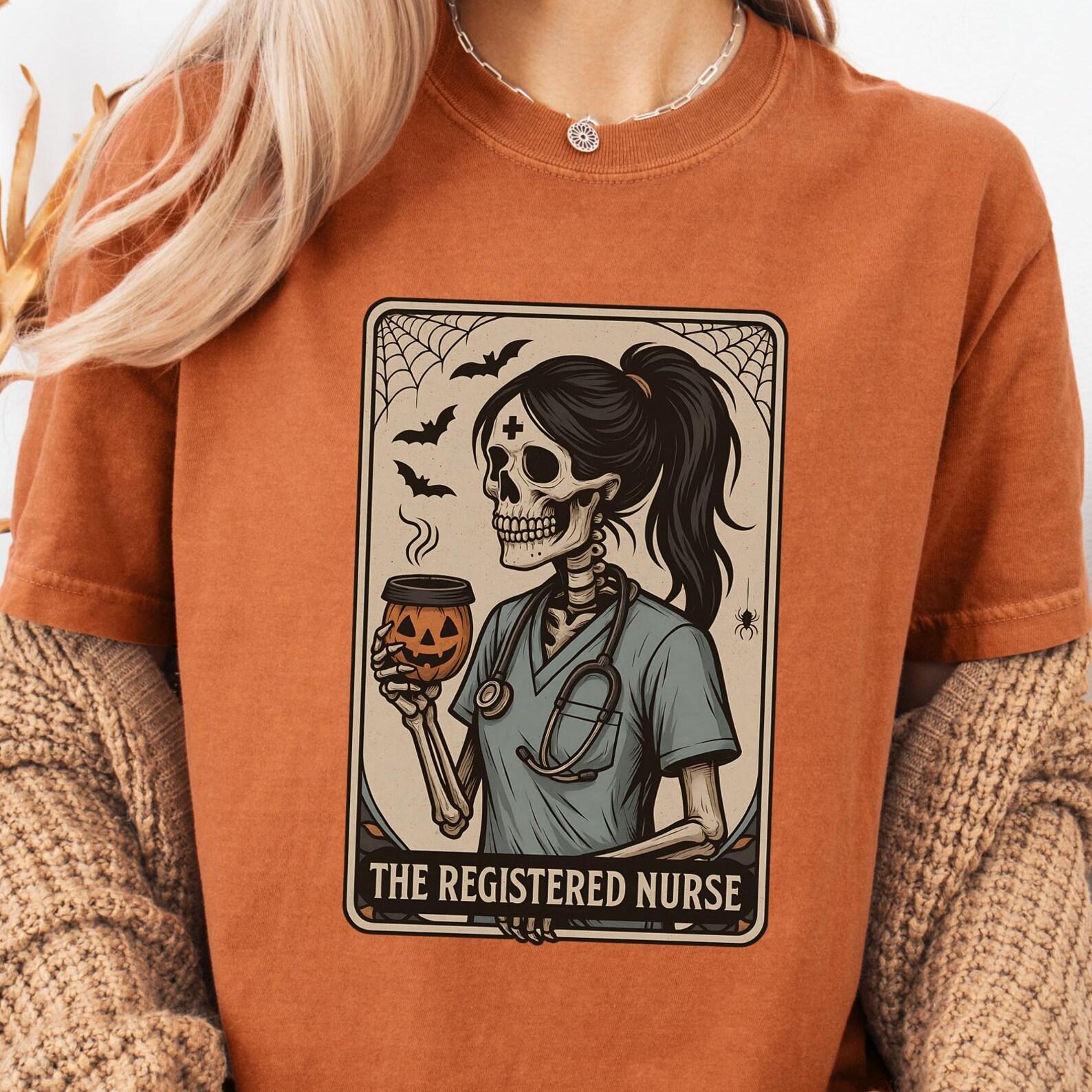 Skeleton Skull RN T-Shirt: Spooky Tarot Card Nurse Halloween Costume L