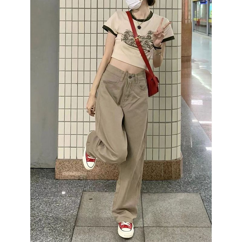 Mm Khaki Wide Leg High Waist Loose Pear-Shaped Denim