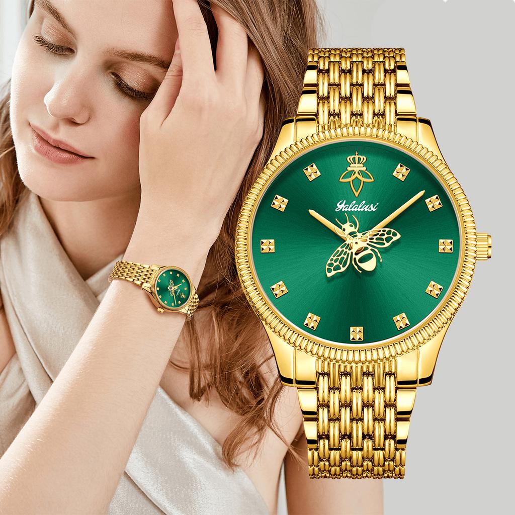 YaLaLuSi Brand Elegant Women's Quartz Watch Simple Sun Patterned Case Temperament Gorgeous Gold Gift Box Set Ladies Gift