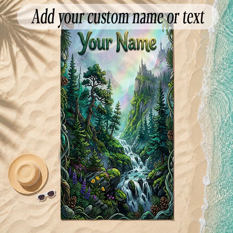 Forest Theme Soft Beach Towel Personalized Custom Name Text Towel Portable for Beach Pool Travel