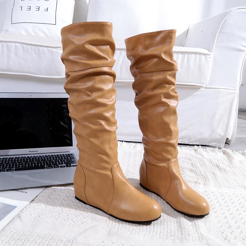 Women's Boots Women's Flat Boots Solid Color Pleated High Leather Boots