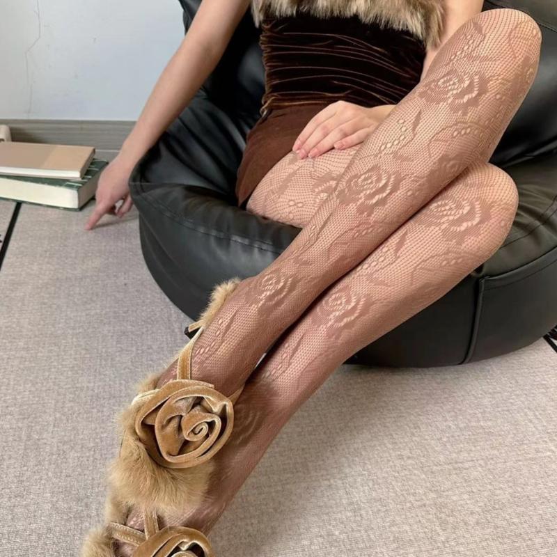 Women Chinese Style Sexy Hollowed Sheer Fishnet Pantyhose Rose Flower Jacquard Patterned Vintage Leggings Mesh Tights
