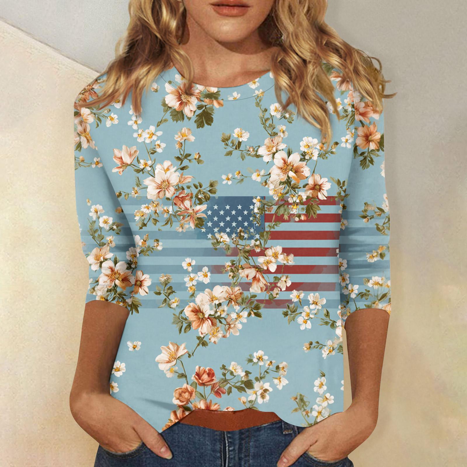 

Женские топы Рубашка с рукавом три четверти Круглый вырез Свободная повседневная рубашка Футболка с принтом L циан