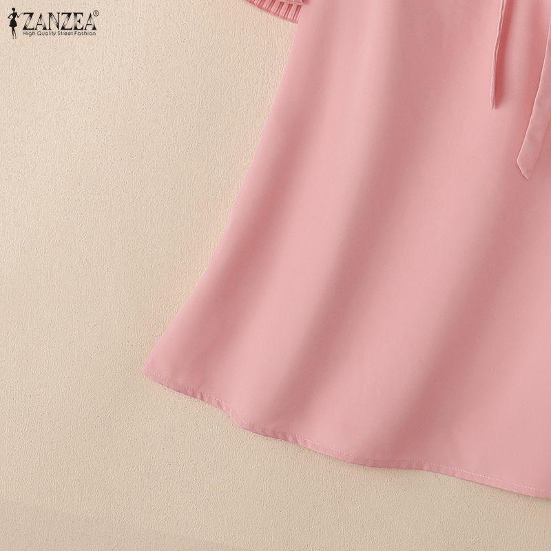 ZANZEA Women Casual V-Neck Solid Color Loose Pleated Short Sleeve Blouse