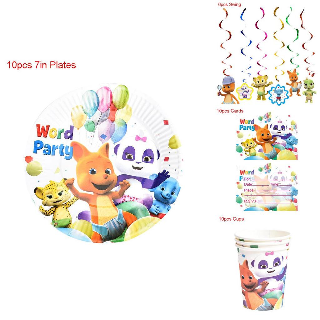 Complete Word Party Themed Party Supplies For Fun Kids Birthday Celebrations Including Plates Cups And Cake Toppers