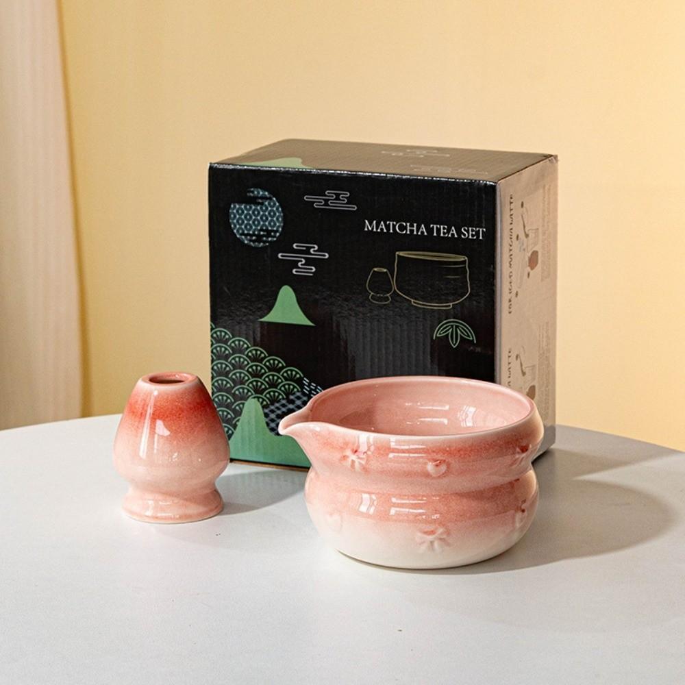 New Ceramic Matcha Bowl Gradient Color with Pouring Spout Matcha Whisk Holder Bowknot Reusable Matcha Making Kit Tea Lovers