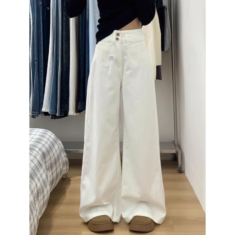 White Jeans for Women, New Spring Style, Plus Size for Chubby Girls, Pear-Shaped Body, High-Waisted, Slimming, Loose Wide-Leg Pants