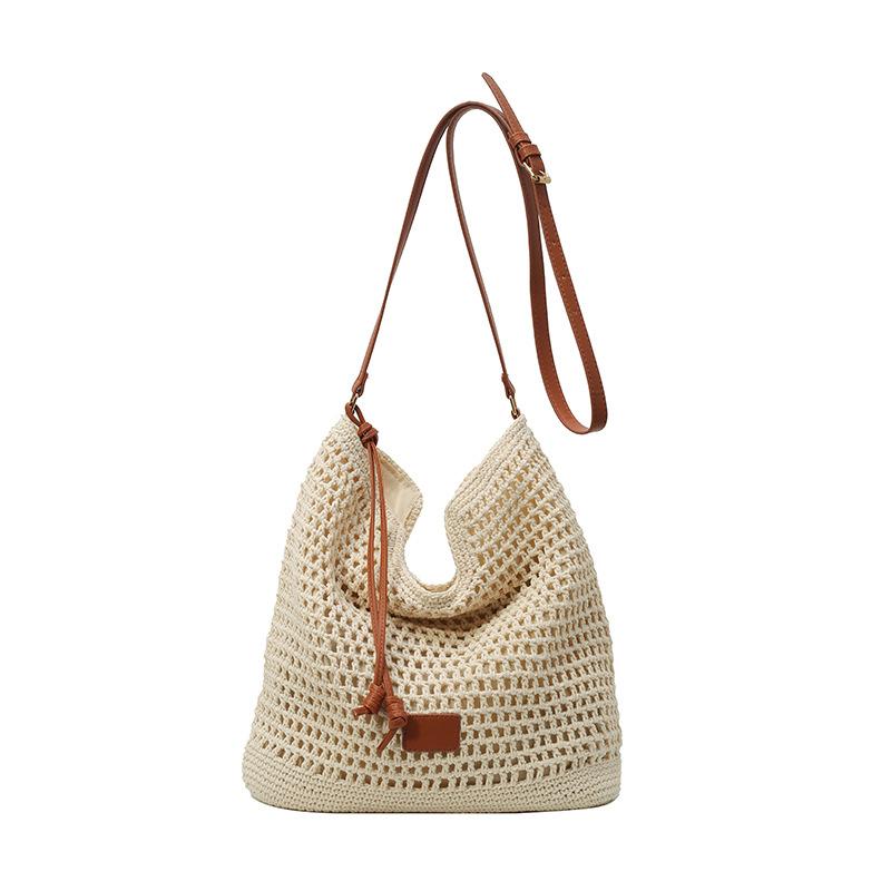 Going Out To The Beach For Vacation, Beach Shoulder Bag, Women'S Hollow Woven Commuter Large-Capacity Bucket Bag