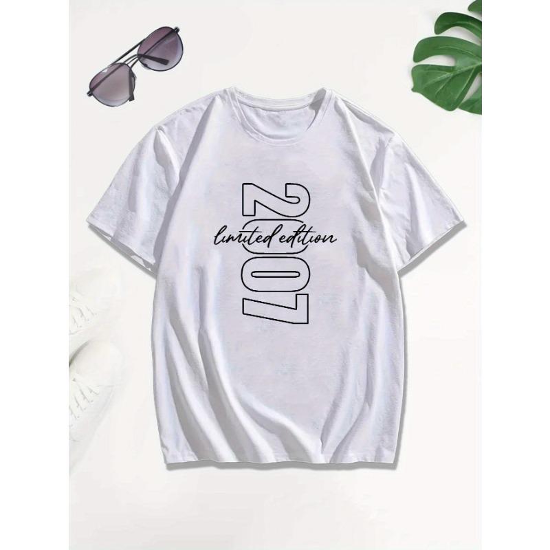 Europäische Größe Geboren 2007 18. Geburtstag Herren T-Shirt - Lässiges Rundhals-Kurzarm-Oberteil mit 18 Text/Zahl, Geburtstagsoutfit für Partys & Kleidung
