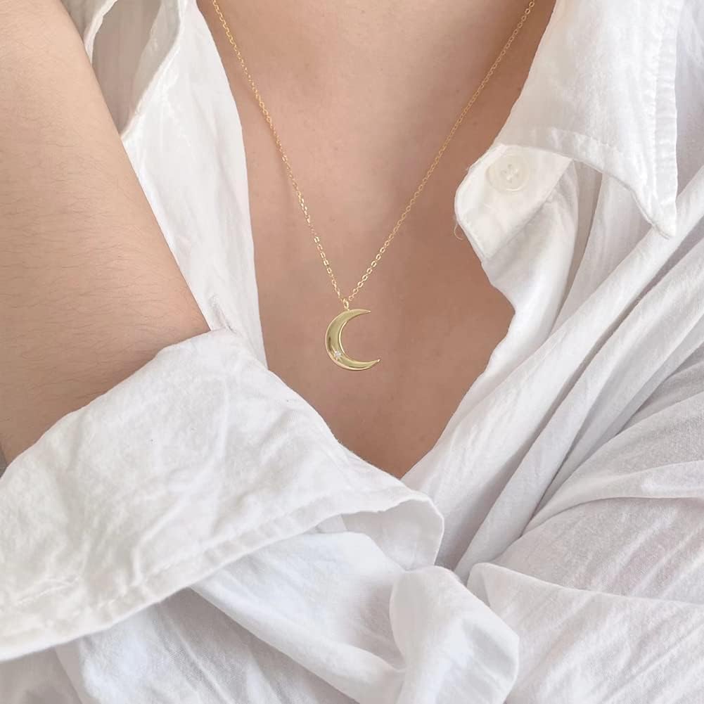 Moon Necklace for Silver Sterling Silver Crescent Moon Clavicle Popular Day Gift [Rockyu] Women, & Gold, 925, Zirconia, Pendant, Cute, Chain,