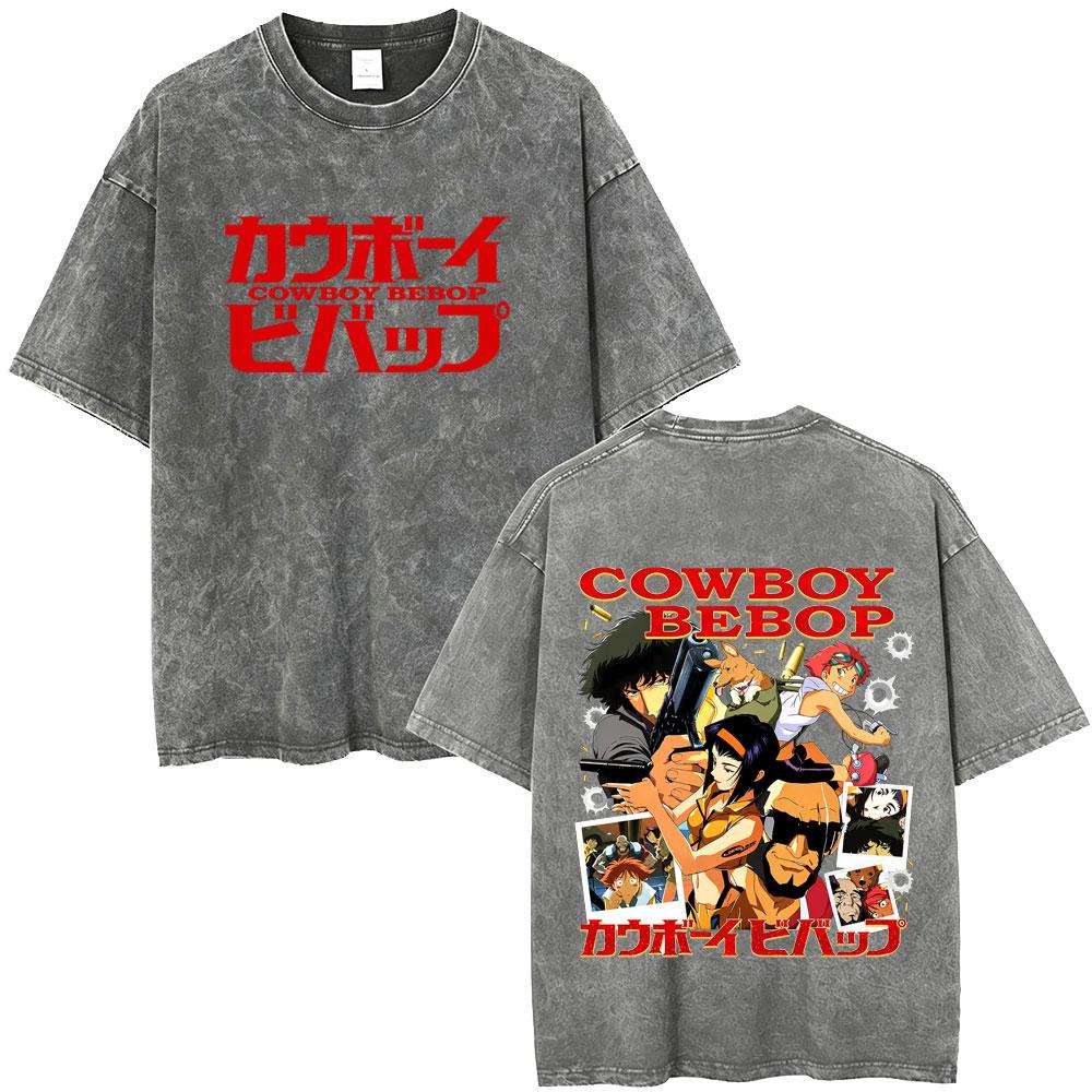Anime Cowboy Bebop Vintage Washed T-shirt Spike Spiegel See You Space Cowboy T-shirts Manga Retro Oversized T Shirts Unisex
