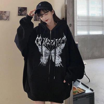 Y2k Harajuku Hoodies Women Autumn Winter Hip Hop Zipper Butterfly Aesthetic Hooded Sweatshirt Female Goth Punk Jacket Coat