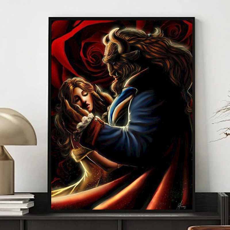 Disney 5D DIY Diamond Painting Belle and the Beast Embracing Romance Full Round Diamond Mosaic Cartoon Embroidery Art Painting for Home Decoration