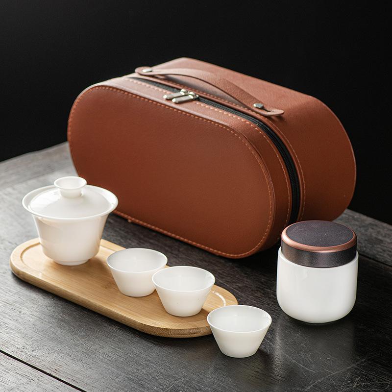 Suet Jade White Porcelain Travel Kung Fu Tea Set Outdoor Portable Simple Teapot Ceramic Tea Set Gift Box