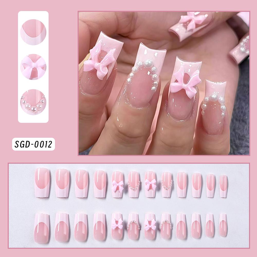 24Pcs Pink Leopard Print French Tips False Nails Short Square Head 3D Black Bowknot Fake Nails Acrylic Full Cover Press On Nails
