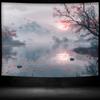 2D Cherry Blossom Lake Tapestry, Misty Sunrise Mountain Wall Art for Home Decor