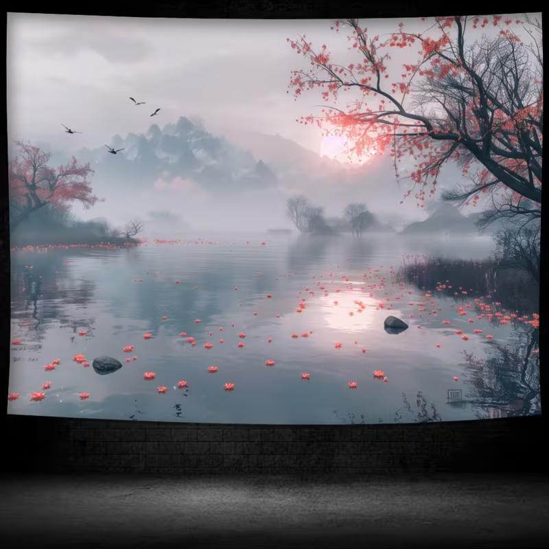 2D Cherry Blossom Lake Tapestry, Misty Sunrise Mountain Wall Art for Home Decor
