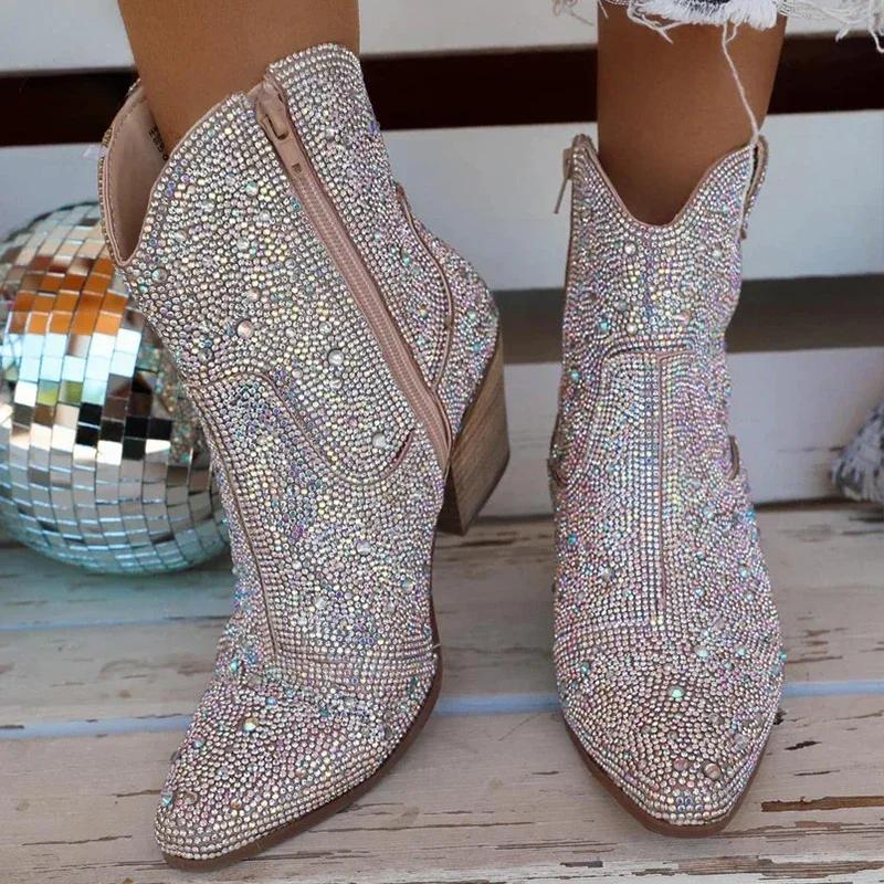 Western Cowboy Boots Fashion Women Ankle Boots Glitter Bling Shiny Trend High Heels High Quality Shoes