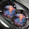 2-Pack Tropical Beach Sunset Car Cup Holder - Non-Slip Spill-Proof Mat with Palm Tree and Wave Design, Durable EVA Drink Tray with Black Center Cap