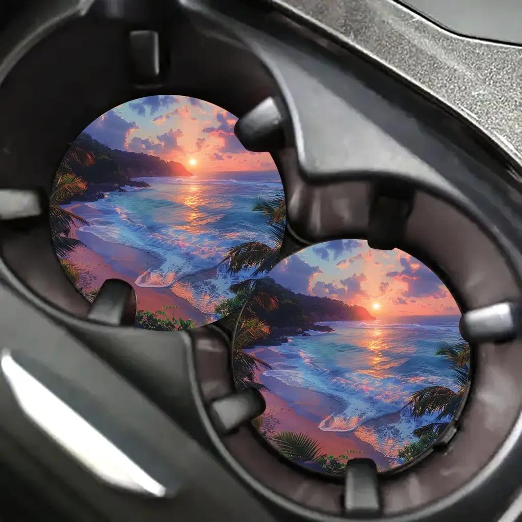 2-Pack Tropical Beach Sunset Car Cup Holder - Non-Slip Spill-Proof Mat with Palm Tree and Wave Design, Durable EVA Drink Tray with Black Center Cap
