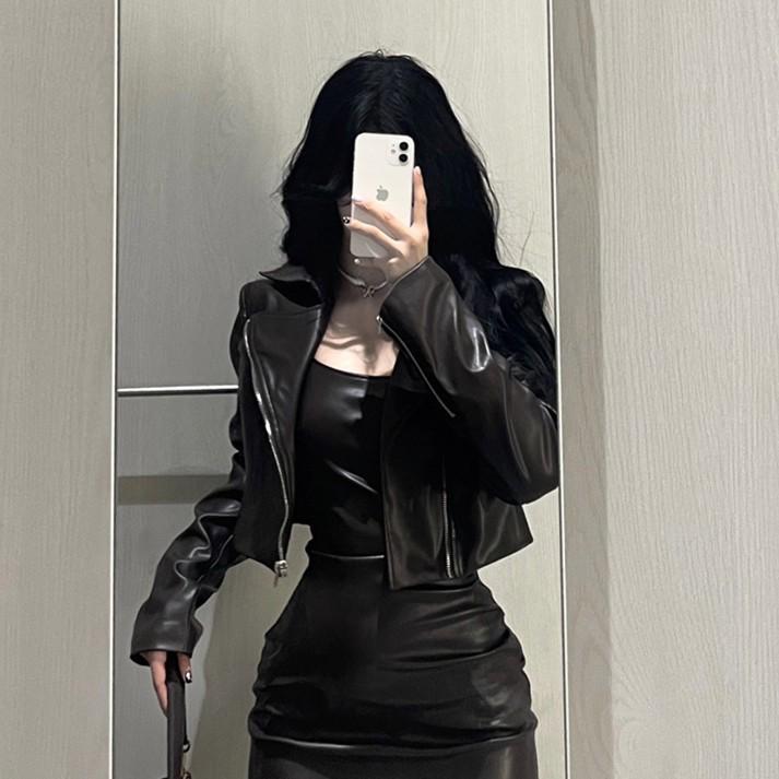 Damska Czarna Skórzana Kurtka PU w Stylu Spicy Girl - Trend Wiosna/Jesień 2025 High-End