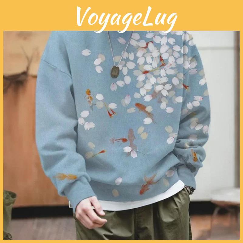 3d Ukiyoe Ripple Mens Printed Animal Hoodie Retro Plant Pattern Pullover Autumn Long Sleeve Loose Sweater Fashion Large Size