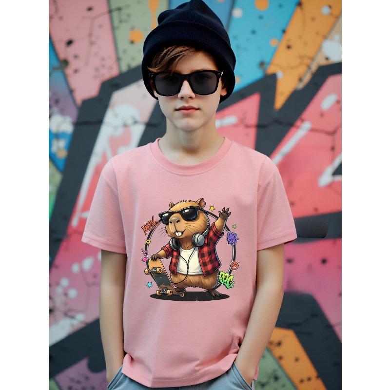 Boys Crewneck T-Shirt, Cool Skateboard Music Capybara Graphic Soft Breathable Short Sleeve Top