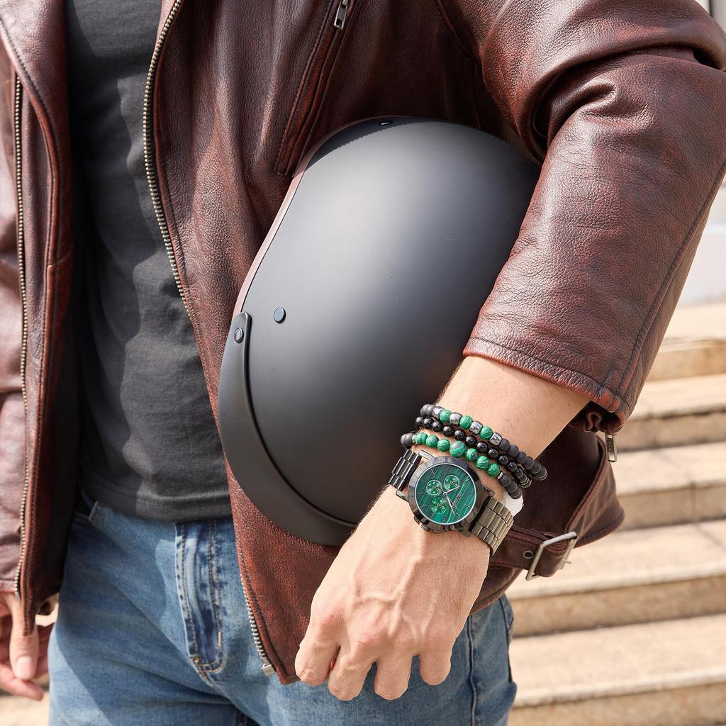 [TIME100] Gift Set: Men's Watch and Bracelet, Gift Wrapping (Green)