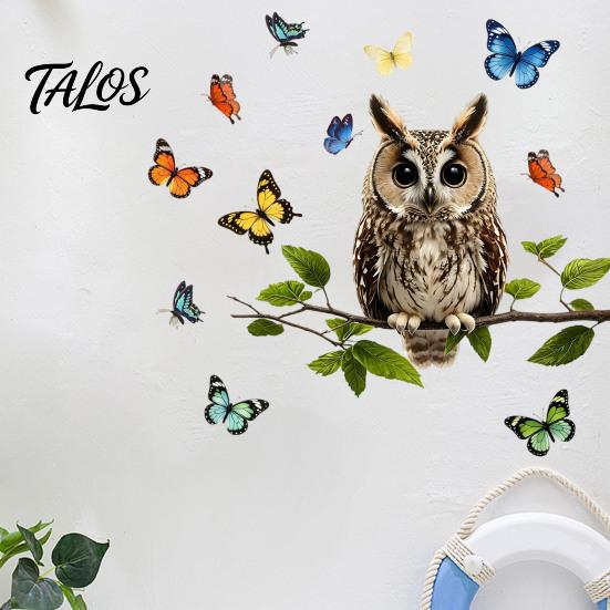 Natural Forest Theme Wall Decor Owl Butterfly Sticker, Animal Illustration Decorative Decals, Window Film for Glass Doors Waterproof Removable
