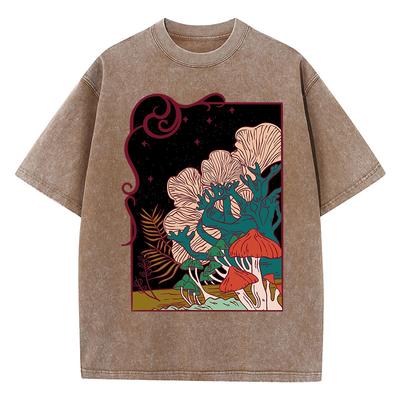 Cottagecore Garden Mushrooms Print Women Washed T Shirts Hip Hop Summer T-Shirt Loose Clothes Cotton Streetwear