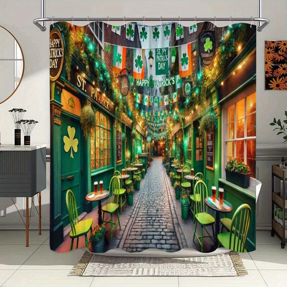 Irish Pub Shower Curtain - Cobblestone Street, Green & White Flags, Colorful Lights, Charming Pubs, Shamrock Designs,