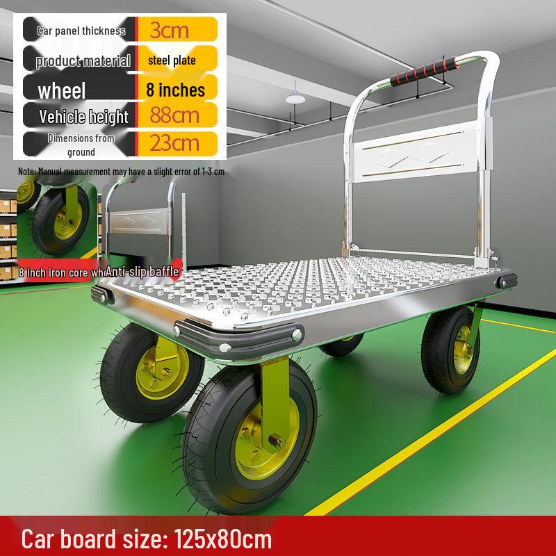 Lightweight Folding Flatbed Hand Truck - Silent, Thickened Steel Plate, 4-Wheel Trolley for Household Use