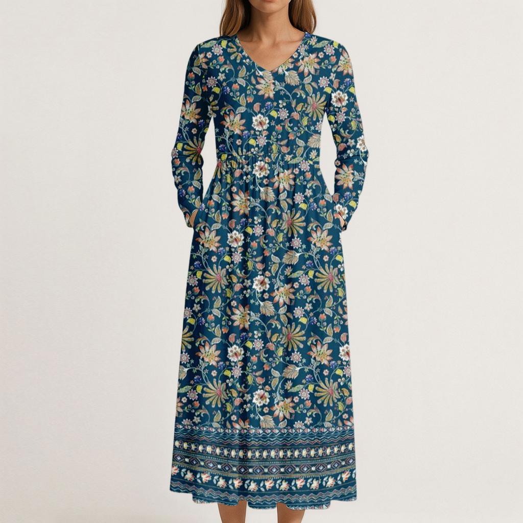 Šaty Pro Ženy Dlouhé Boho Plážové Šaty Elegantní Maxi Šaty Výstřih do V Dlouhý Rukáv Šaty s Kapsami