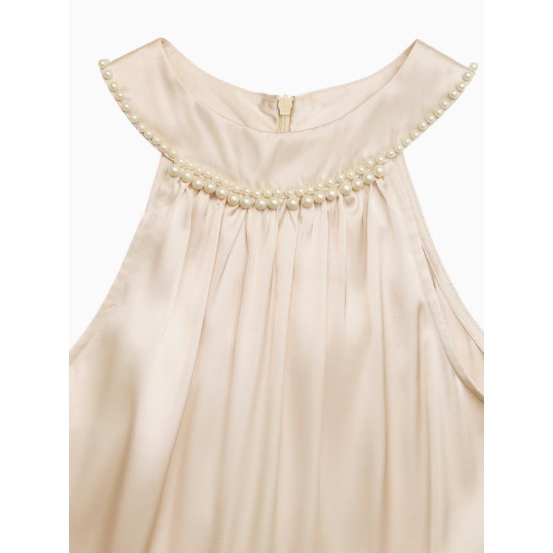 Women Champagne Solid Satin Beaded Halter Neck High Waist A Line Midi Dress