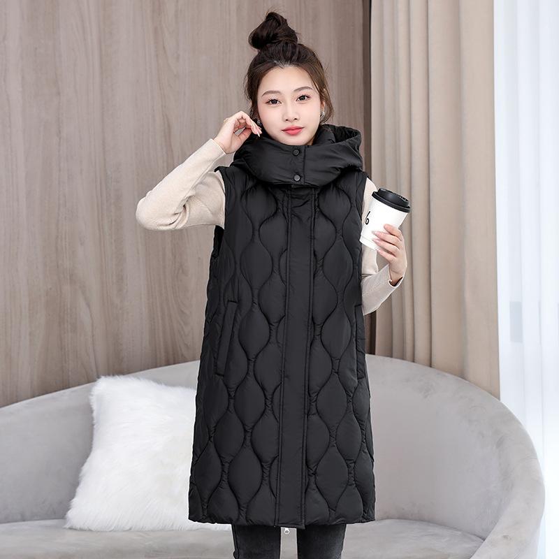 New Rhombus Grid Down Cotton Vest Women's Medium and Long Loose Hooded Vest