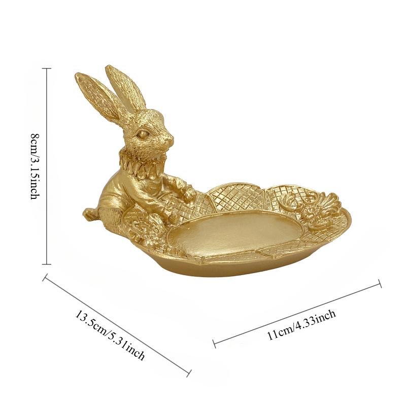 Cute Golden Bunny Figurine Luxury Jewelry Ring Tray Home Desktop Decoration Easter Rabbit Statue Resin Crafts Dresser Ornaments