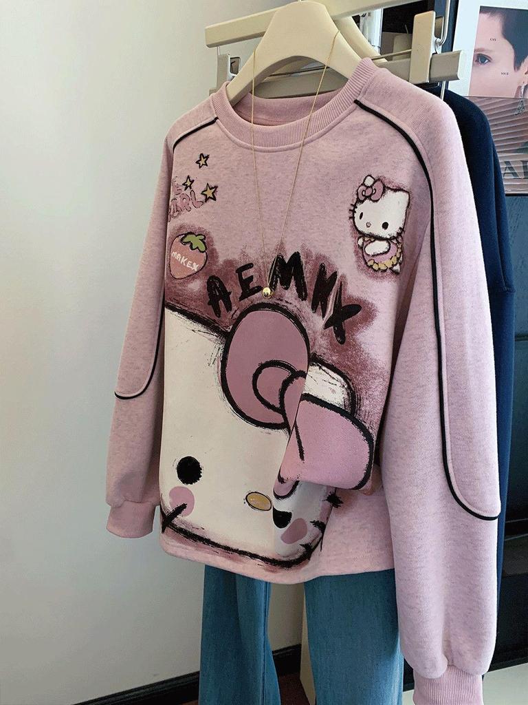 Women's Cute Pink Cartoon Crew Neck Sweatshirt - Early Autumn Petite Style, Super Trendy.