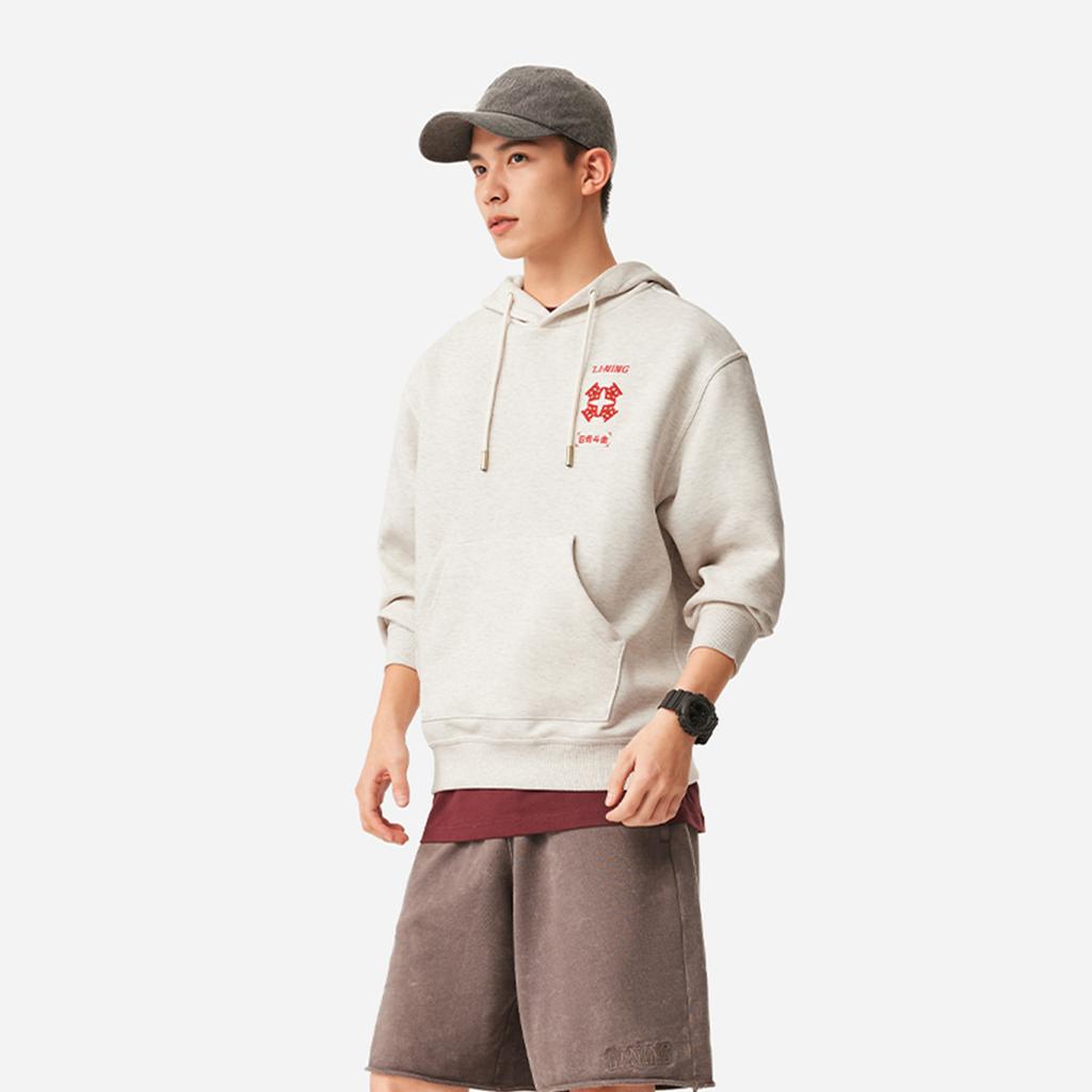 Li Ning Daily Prosperity Series Cny Zodiac Year Casual Simple Solid Color Hooded Pullover Sweatshirt Men sweatshirt Flower-Gray Tile-Gray AWDV457-3