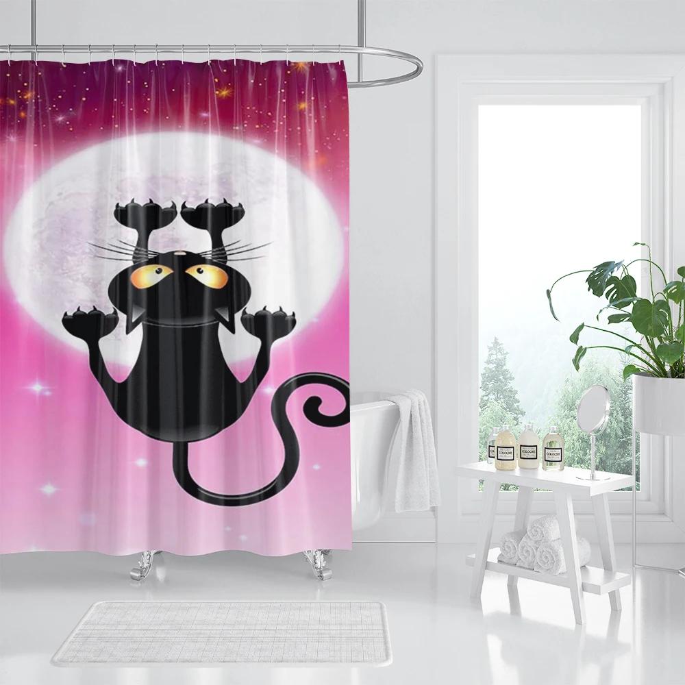 Three Funny Naughty Black Cat Shower Curtain Scratching The Wall With His Paws Fabric Bathroom Decor Set Hooks White And Black