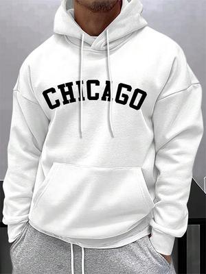 Street Letter Chicago Nadruk Bluzy z kapturem dla mężczyzn Kieszeń Sznurek Pulowery Termiczny Polar Miękkie Bluzy Jesienne Codzienne Ubrania