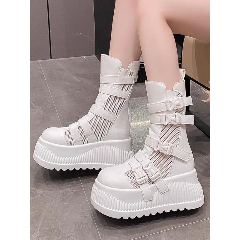 8.5CM  Air Mesh Women Chunky Sneakers Hollow Ankle Booties High Brand Platform Wedge Flats Causal Shoes