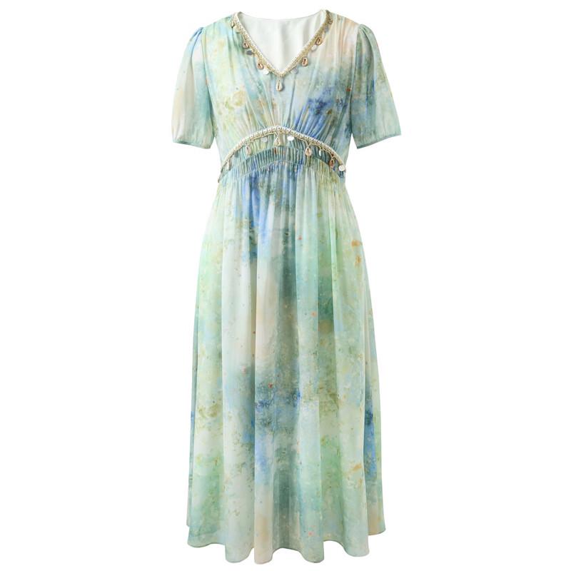 Sancai French Romantic Chiffon Print A-Line Maxi Dress