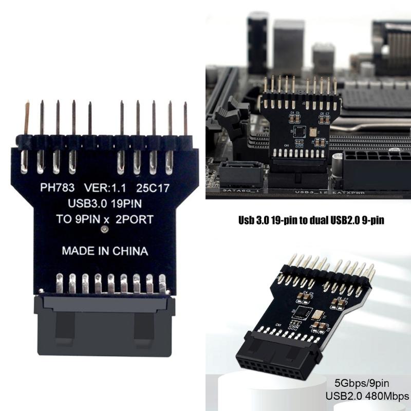 USB Splitter 19Pin USB3.0 To 2x9Pin Expansion Converters For PC Motherboards Supports Argb Lighting & Water Coolers