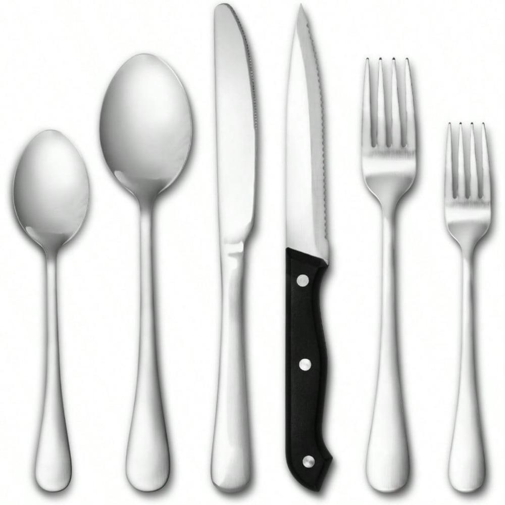 

Набор из 24 черных столовых приборов с ножами для стейков, столовые приборы из нержавеющей стали на 4 персоны, в том числе вилки, ложки, ножи и столовые приборы серебряный