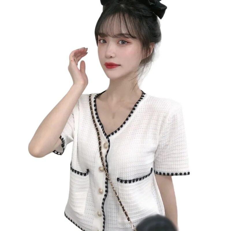 

Короткий вязаный топ с короткими рукавами и тонким кардиганом для женщин с темпераментом знаменитости One Size